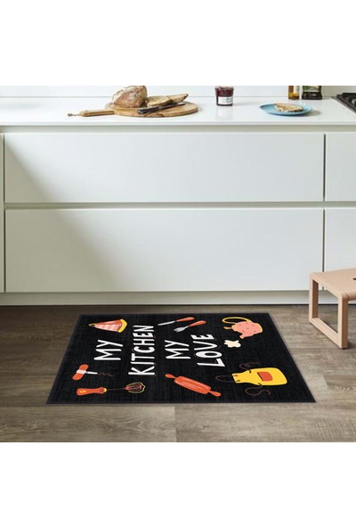 Galo Önlük Çaydanlık Mikser Desenli Kitchen Love Sloganlı Siyah Modern Dekoratif Mutfak Halısı KG2090