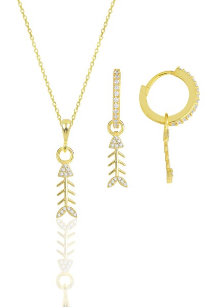 Gümüş Altın Yaldızlı Zirkon Taşlı Balık Kılçığı Modeli Kolye ve Küpe Ikili Set