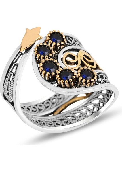 Gümüş Safir Taşlı Telkari Işlemeli Ayarlamalı Yüzük