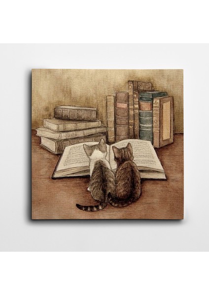 Kitap Okuyan Kediler Kare Kanvas Tablo