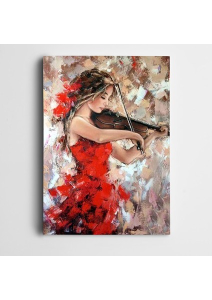 Keman Çalan Kırmızı Kadın Kanvas Tablo