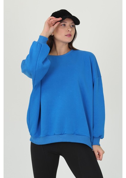 Neşeli Butik Kadın Mavi Oversize Bisiklet Yaka Şardonlu Sweatshirt FVR001