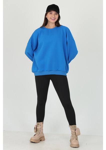 Neşeli Butik Kadın Mavi Oversize Bisiklet Yaka Şardonlu Sweatshirt FVR001