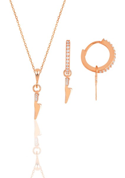 Gümüş Rose Zirkon Taşlı Bıçak Modeli Kolye ve Küpe Ikili Set