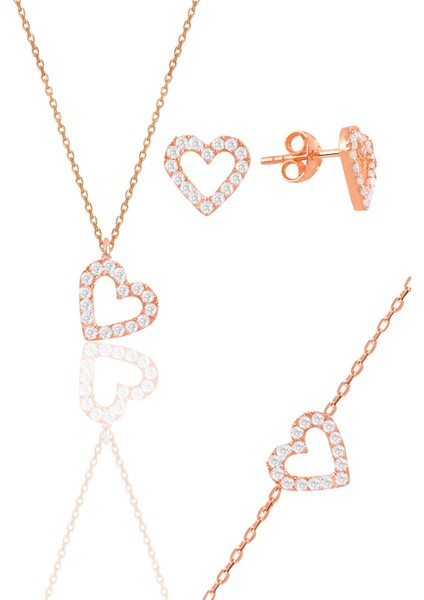 Gümüş Rose Zirkon Taşlı Kalp Kolye,bileklik ve Küpe Üçlü Set
