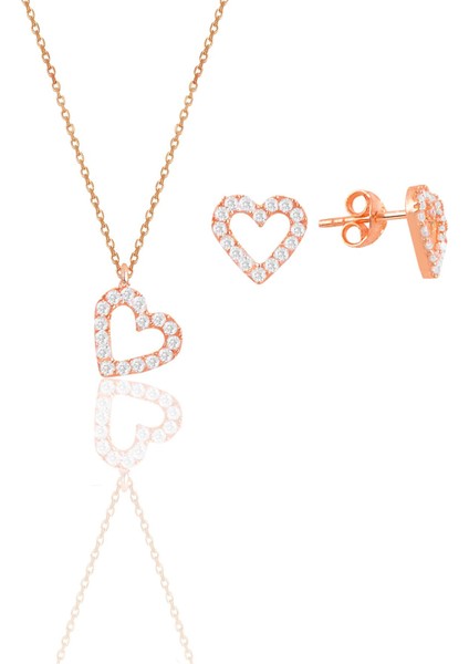 Gümüş Rose Zirkon Taşlı Kalp Kolye ve Küpe Ikili Set