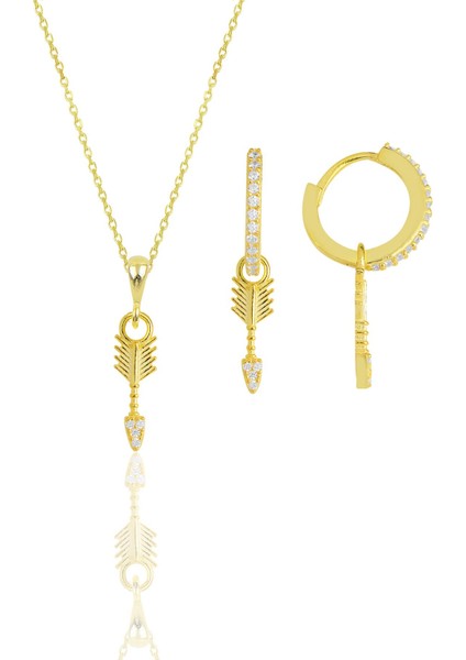 Gümüş Altın Yaldızlı Zirkon Taşlı Ok Kolye ve Küpe Ikili Set