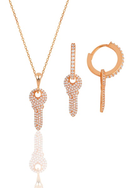 Gümüş Rose Zirkon Taşlı Anahtar Kolye ve Küpe Ikili Set