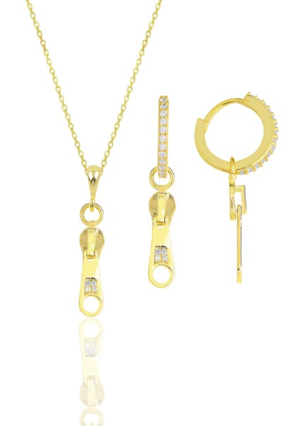 Gümüş Altın Yaldızlı Zirkon Taşlı Fermuar Kolye ve Küpe Ikili Set