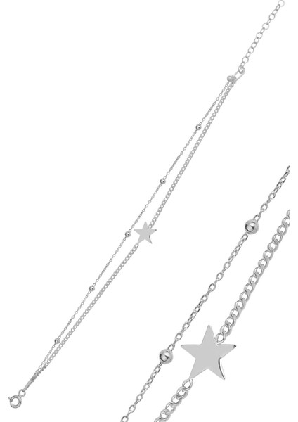 Gümüş Rodyumlu Gurmet ve Top Top Çift Zincirli Yıldız Bileklik