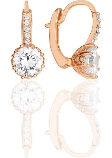 Gümüş Rose Zirkon Taşlı Elmas Montürlü Küpe