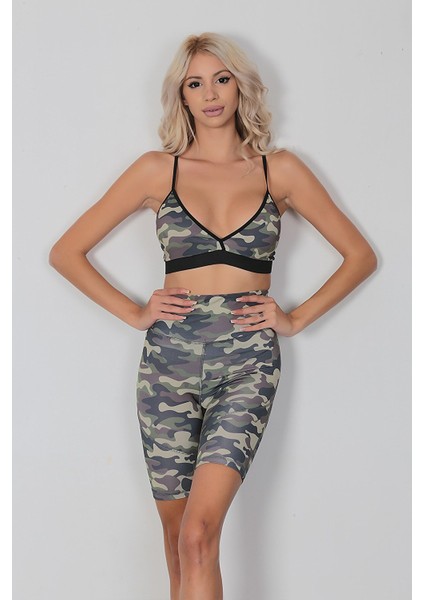 Alt Üst Bralet Tayt Şort Spor Büstiyer Takımı Gri Kamuflaj