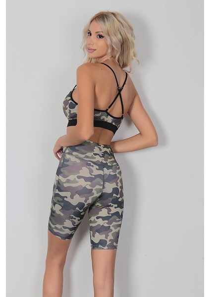 Alt Üst Bralet Tayt Şort Spor Büstiyer Takımı Gri Kamuflaj modelleri
