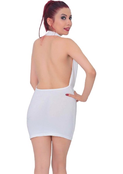 Kadın Degaje Yaka Süper Mini Gecelik Elbise Beyaz