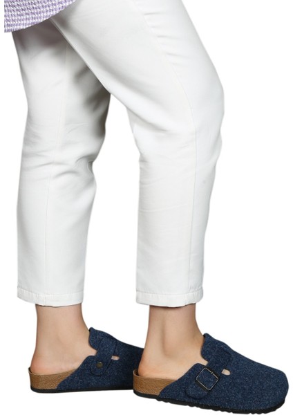 Hogus İthal Unisex Kışlık Önü Kapalı Keçeli Günlük Sabo Ev Terliği Misafir Ev Terliği Lacivert