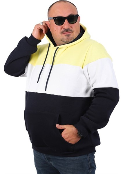 Büyük Beden Parçalı Kapüşonlu Sweat 22736 Sarı