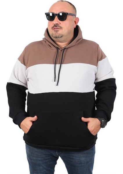 Büyük Beden Parçalı Kapüşonlu Sweat 22736 Taba fiyatları