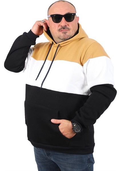 Büyük Beden Parçalı Kapüşonlu Sweat 22736 Vizon