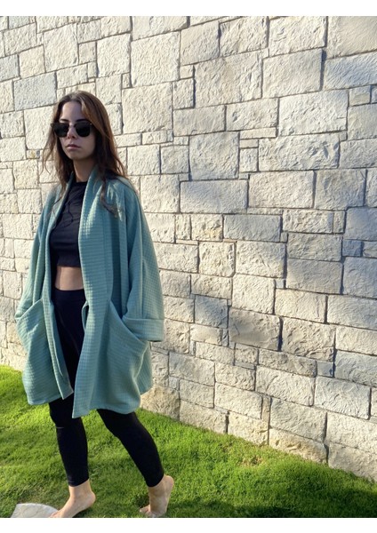 - Yumuşak Dokulu Kapitone Kalın Ovre Kimono - Unisex, Cepli