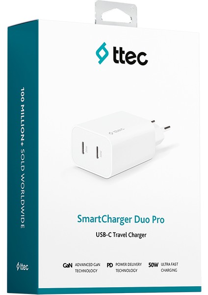 Ttec Smartcharger Duo Pro Gan 50W Pd Seyahat Hızlı Şarj Aleti Usb-C + Usb-C