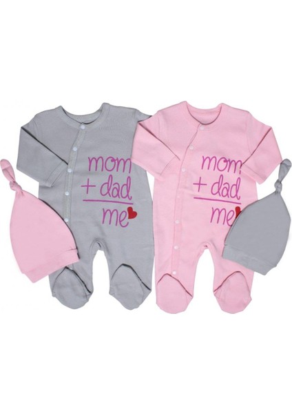 Mom+Dad=me Baskılı Pembe-Gri Bebek Tulum 56-62