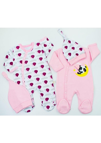 Panda ve Balon Desenli Pembe-Beyaz Bebek Tulum 56-62