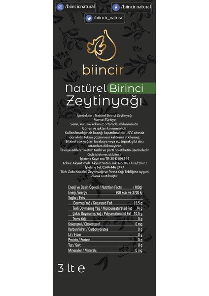 Natürel Birinci Soğuk Sıkım Zeytinyağı 3 Lt