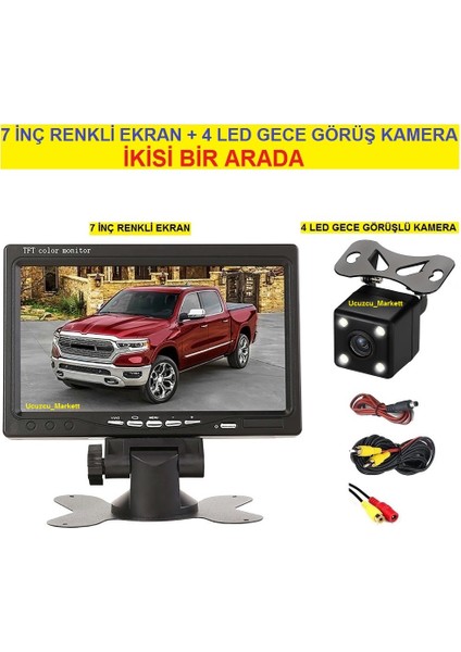 Ucuzcu Market 7 Inç Renkli Ekran + 4led Gece Görüşlü Geri Vites Kamera (Ikisi Bir Arada)