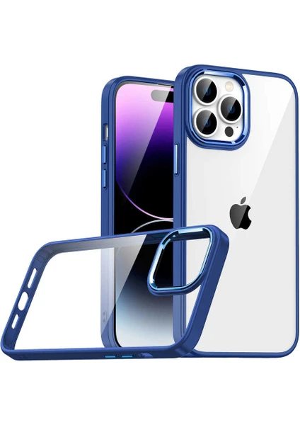 Caseworld Apple iPhone 14 Pro Max Kapak Metal Kamera Korumalı Arkası Şeffaf Silikon Kılıf - Lacivert