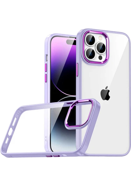 Caseworld Apple iPhone 14 Pro Max Kapak Metal Kamera Korumalı Arkası Şeffaf Silikon Kılıf - Lila