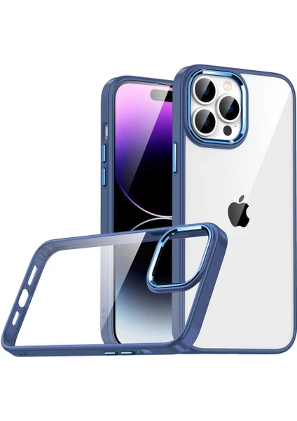 Caseworld Apple iPhone 14 Pro Max Kapak Metal Kamera Korumalı Arkası Şeffaf Silikon Kılıf - Mavi