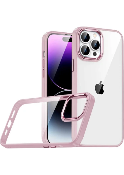 Caseworld Apple iPhone 14 Pro Max Kapak Metal Kamera Korumalı Arkası Şeffaf Silikon Kılıf - Rose Gold