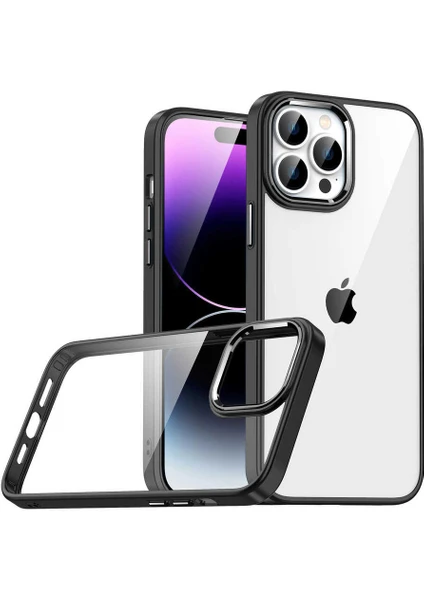 Caseworld Apple iPhone 14 Pro Max Kapak Metal Kamera Korumalı Arkası Şeffaf Silikon Kılıf - Siyah