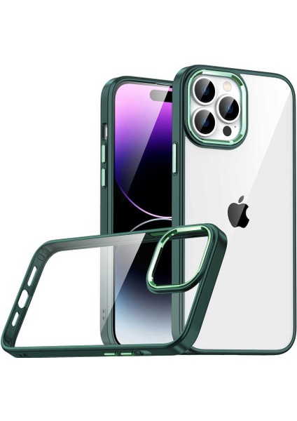 Caseworld Apple iPhone 14 Pro Max Kapak Metal Kamera Korumalı Arkası Şeffaf Silikon Kılıf - Yeşil