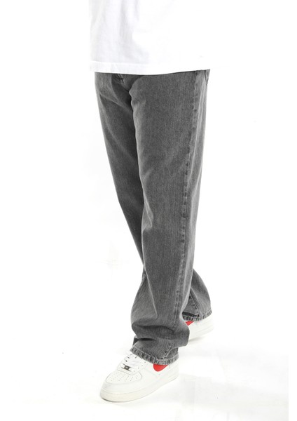 Baggy Düz Gri Uzun Paça Boyfriend Jeans Pantolon