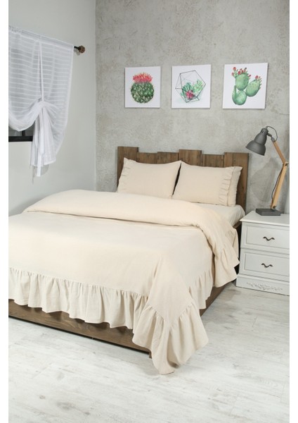 Naturel Fırfırlı Yatak Örtüsü Takımı Çift Kişilik Vintage 220X240 cm