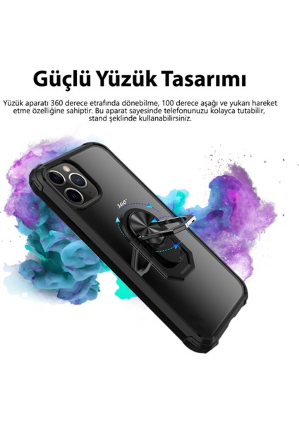 Kzy Apple iPhone 14 Plus Kapak Şeffaf Yüzüklü Kenar Korumalı Standlı Kılıf - Siyah