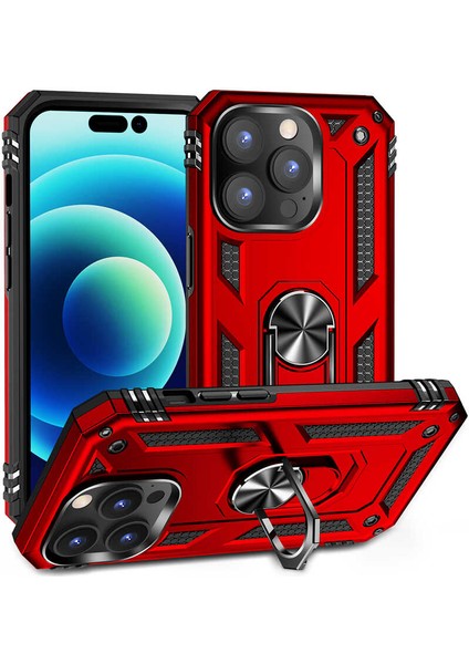 Caseworld Apple iPhone 14 Pro Max Kapak Military Yüzüklü Stantlı Panzer Tank Kılıf - Kırmızı