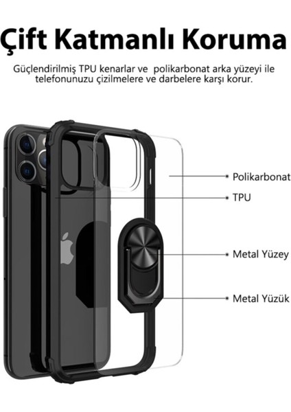 Caseworld Apple iPhone 14 Pro Max Kapak Şeffaf Yüzüklü Kenar Korumalı Standlı Kılıf - Lacivert