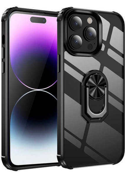 Caseworld Apple iPhone 14 Pro Kapak Şeffaf Yüzüklü Kenar Korumalı Standlı Kılıf - Siyah