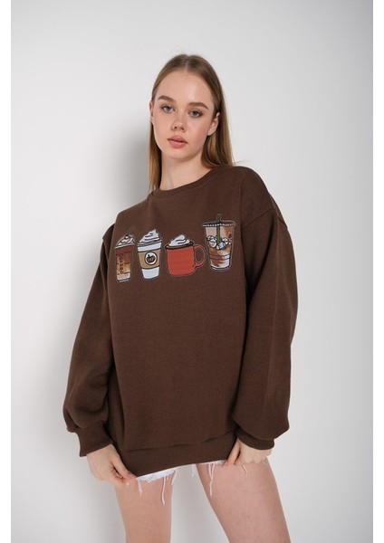 Kadın Oversize Coffee Baskılı Sweatshirt