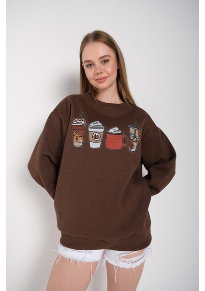 Kadın Oversize Coffee Baskılı Sweatshirt