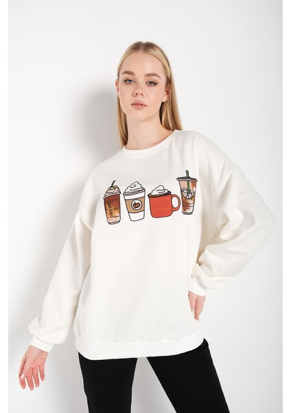 Kadın Oversize Coffee Baskılı Sweatshirt