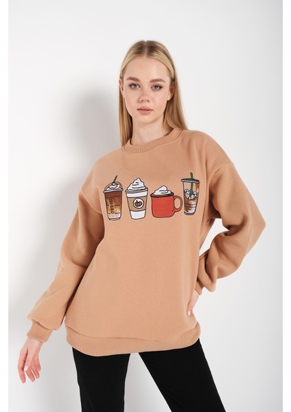 Kadın Oversize Coffee Baskılı Sweatshirt