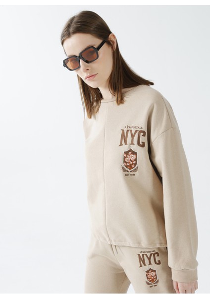 Bisiklet Yaka Nakışlı Koyu Bej Kadın Sweatshirt K-Lıfe fiyatları