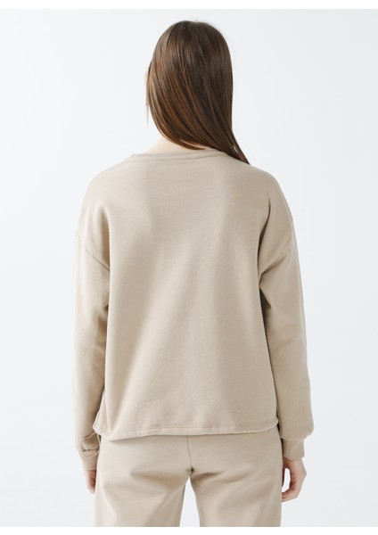Bisiklet Yaka Nakışlı Koyu Bej Kadın Sweatshirt K-Lıfe modelleri