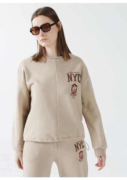 Bisiklet Yaka Nakışlı Koyu Bej Kadın Sweatshirt K-Lıfe fırsatları