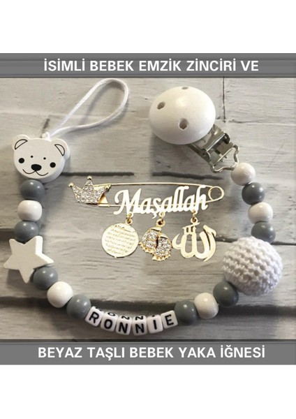 Isimli Bebek Emzik Zinciri ve Beyaz Taşlı Bebek Yaka Iğnesi