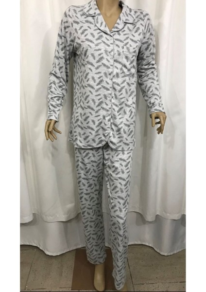 14301-NENA Kadın Önden Açık Orta Kalın Pijama Takımı-Gri modelleri