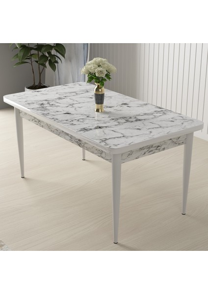 Concept Arp Serisi, Beyaz Mermer Desen Masa 70X110 Sabit Yemek Masası Takımı, 4 Sandalye